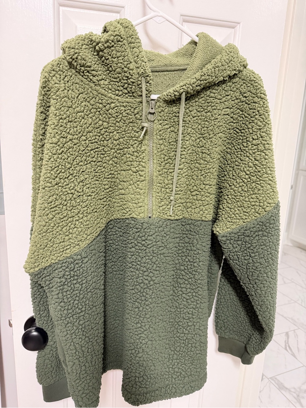 PINK Victoria's Secret Two-Tone Olive Sherpa Half-Zip Hoodie